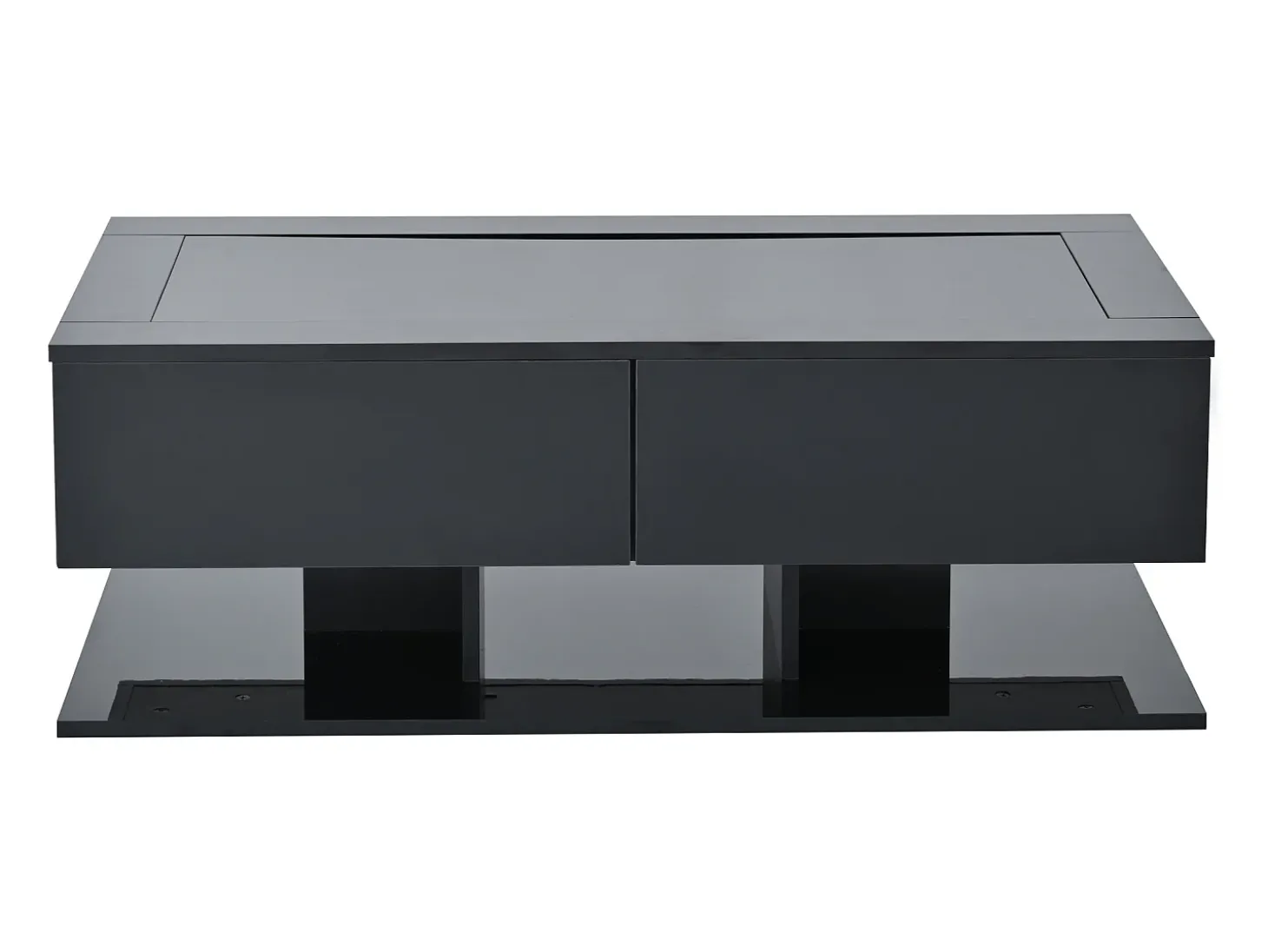 Mesa de centro com iluminação LED em lacado preto, 100x50x35 cm, com 2 gavetas e tampo em vidro.
