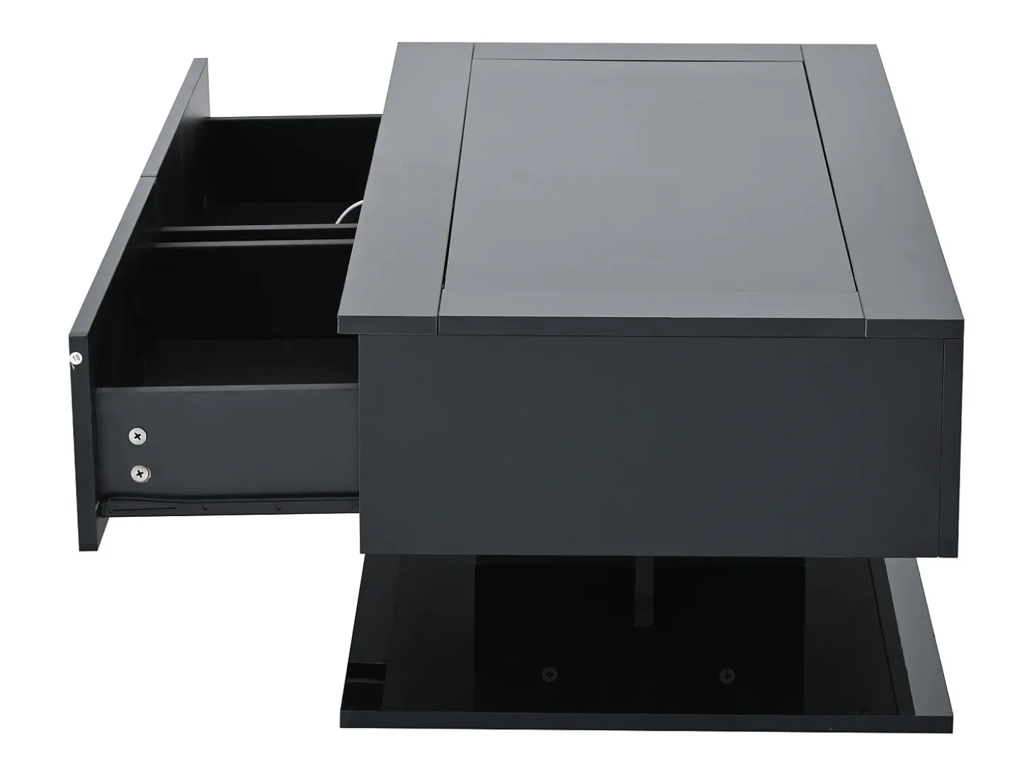Mesa de centro com iluminação LED em lacado preto, 100x50x35 cm, com 2 gavetas e tampo em vidro.
