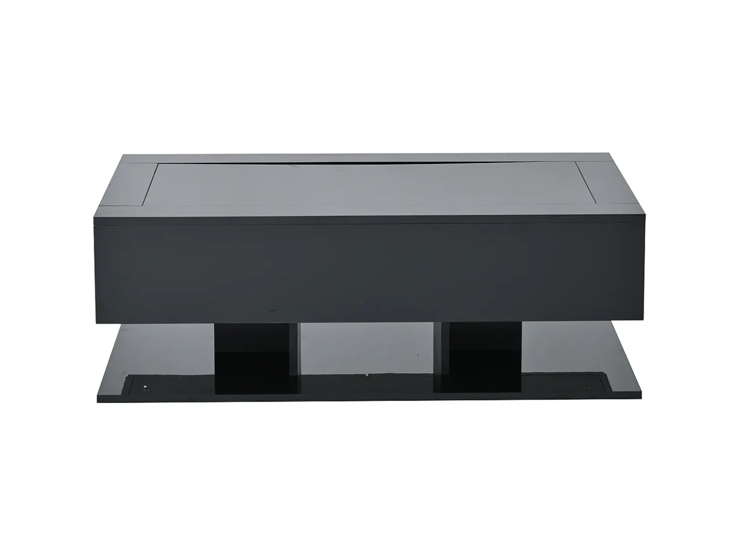 Mesa de centro com iluminação LED em lacado preto, 100x50x35 cm, com 2 gavetas e tampo em vidro.