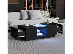 Mesa de centro com LED - 2 gavetas e 1 compartimento aberto - Preto