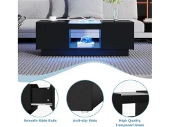 Mesa de centro com LED - 2 gavetas e 1 compartimento aberto - Preto