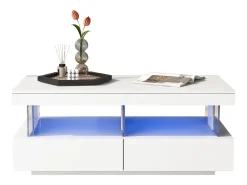 Mesa de centro com LED - 2 gavetas e 2 compartimentos - estilo moderno - Branco