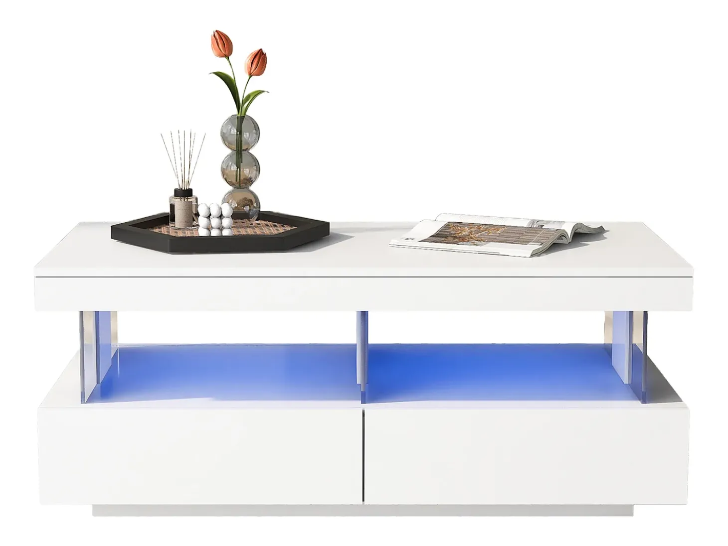 Mesa de centro com LED - 2 gavetas e 2 compartimentos - estilo moderno - Branco