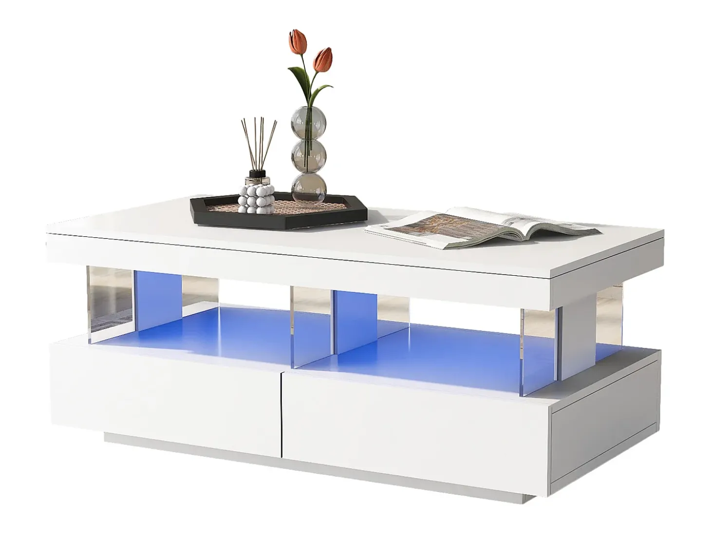 Mesa de centro com LED - 2 gavetas e 2 compartimentos - estilo moderno - Branco