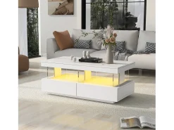 Mesa de centro com LED - 2 gavetas e 2 compartimentos - estilo moderno - Branco