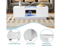Mesa de centro com LED - 2 gavetas e 1 compartimento aberto - Branco