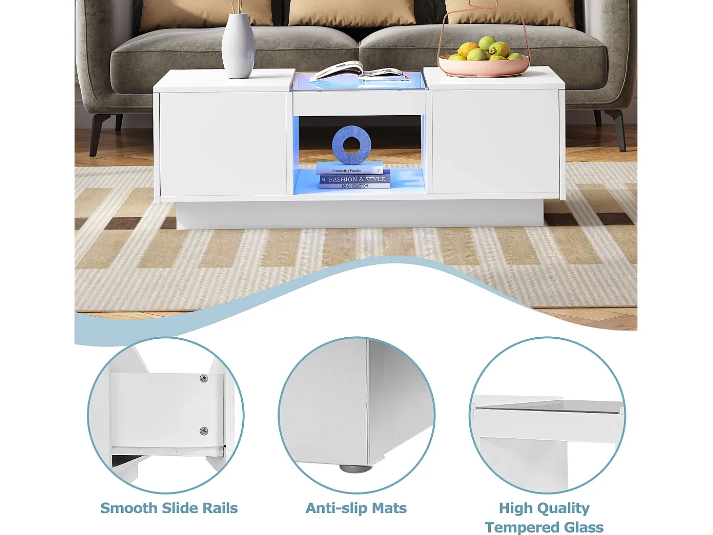 Mesa de centro com LED - 2 gavetas e 1 compartimento aberto - Branco