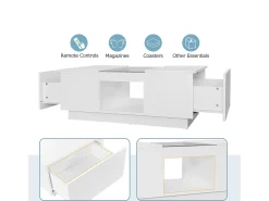 Mesa de centro com LED - 2 gavetas e 1 compartimento aberto - Branco