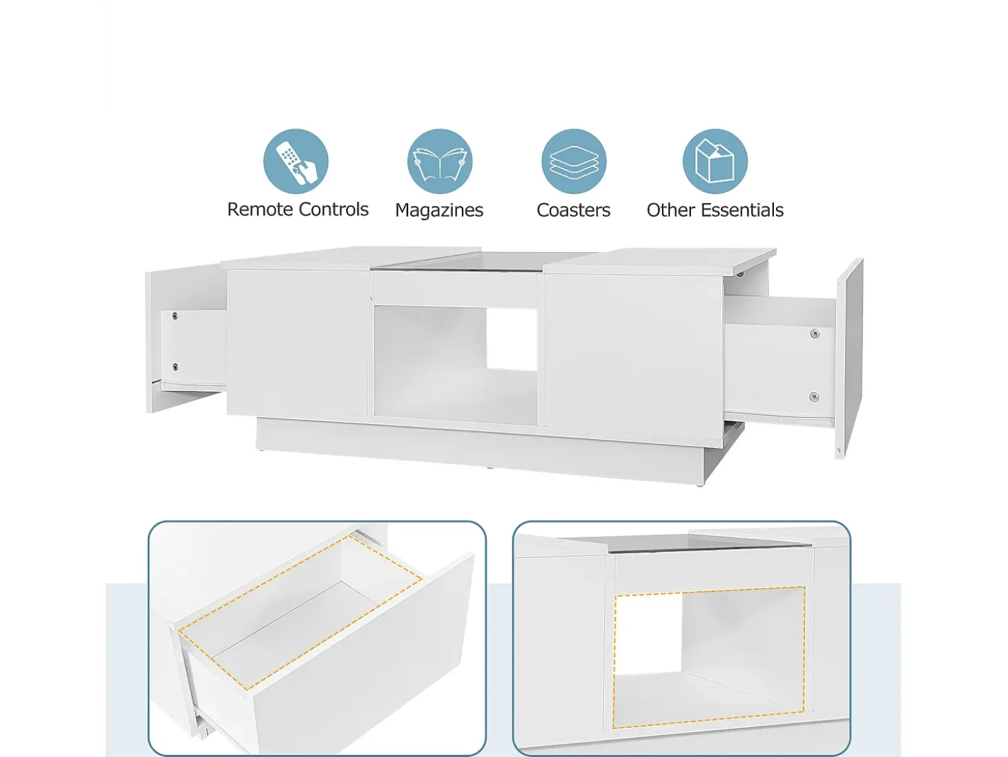 Mesa de centro com LED - 2 gavetas e 1 compartimento aberto - Branco