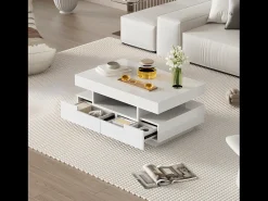 Mesa de centro com LED - acabamento brilhante - 4 gavetas frontais e traseiras - Branco