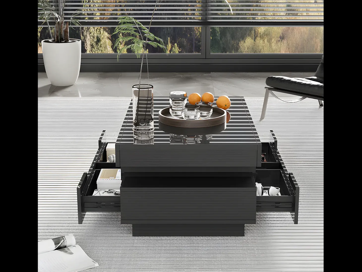 Mesa de centro com LED - acabamento brilhante - 4 gavetas frontais e traseiras - Preto