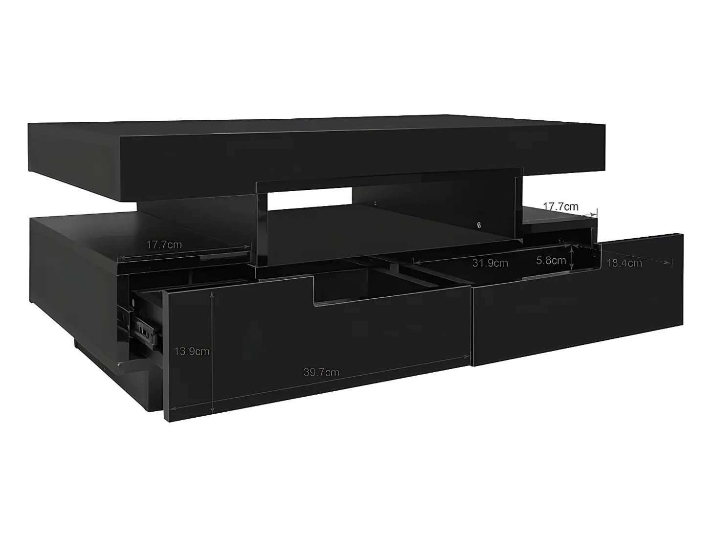 Mesa de centro com LED - acabamento brilhante - 4 gavetas frontais e traseiras - Preto