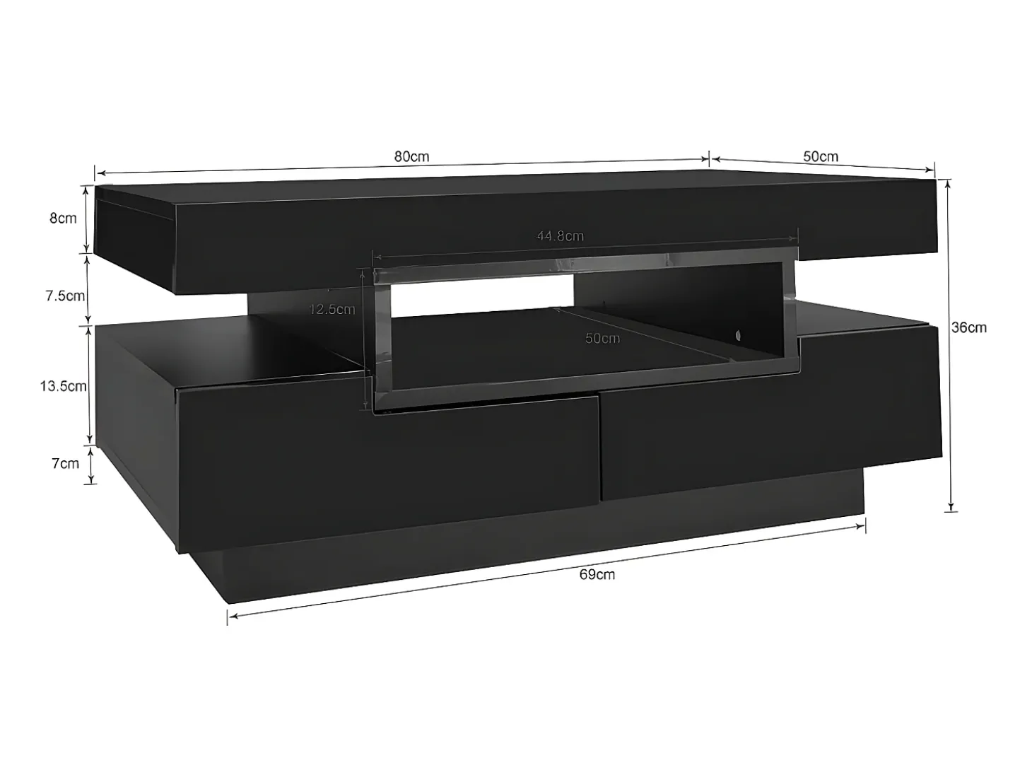 Mesa de centro com LED - acabamento brilhante - 4 gavetas frontais e traseiras - Preto