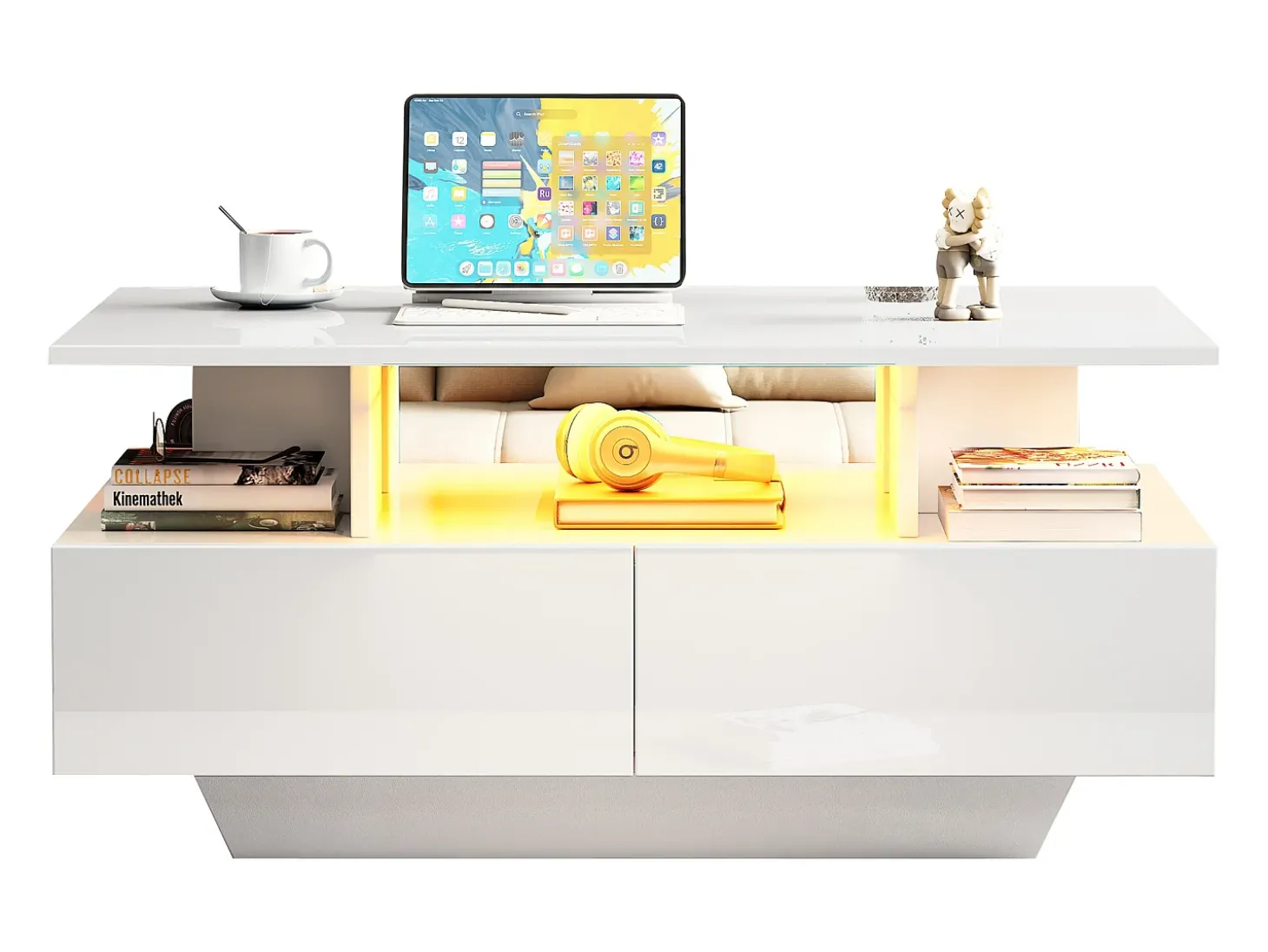 Mesa de centro com LED - com 2 gavetas - Branco