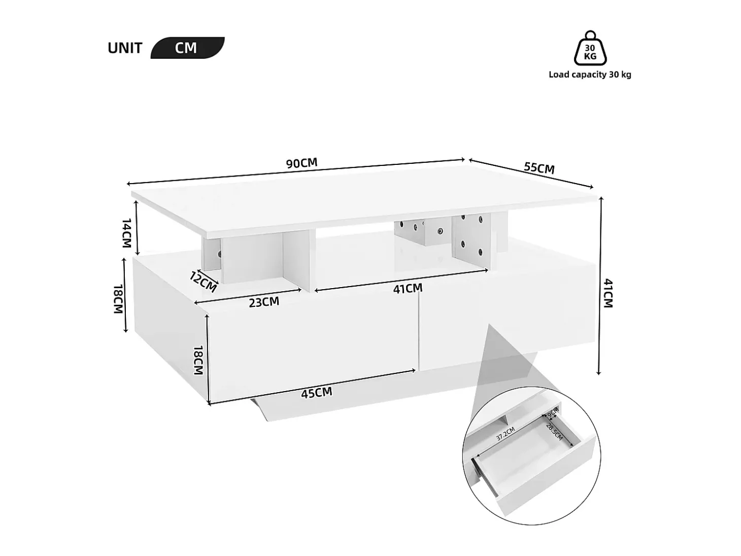 Mesa de centro com LED - com 2 gavetas - Branco