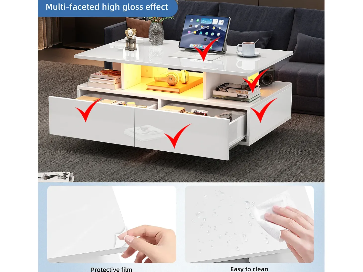 Mesa de centro com LED - com 2 gavetas - Branco