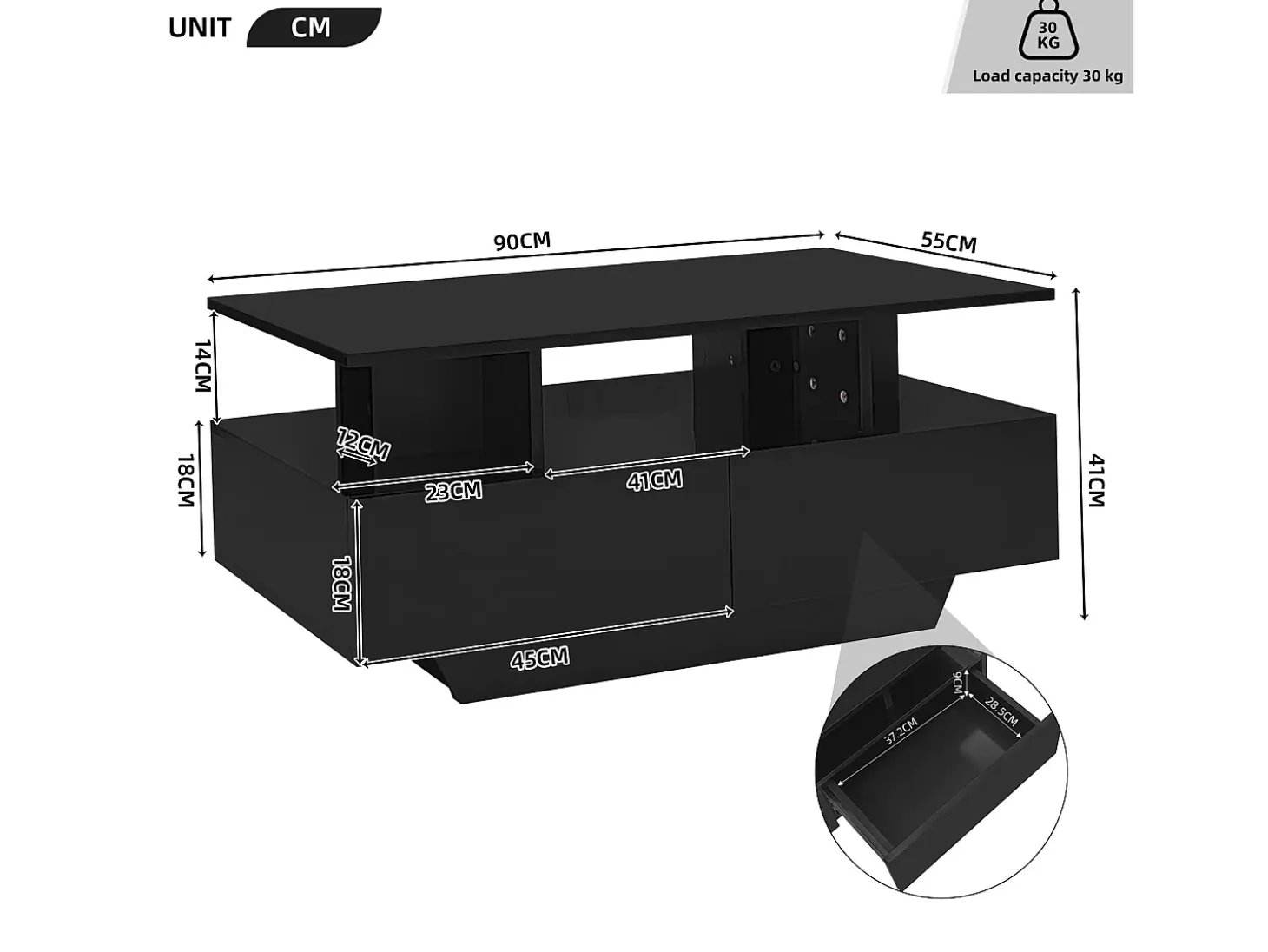 Mesa de centro com LED - com 2 gavetas - Preto