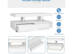 Mesa de centro com LED - gaveta e compartimentos abertos - Branco