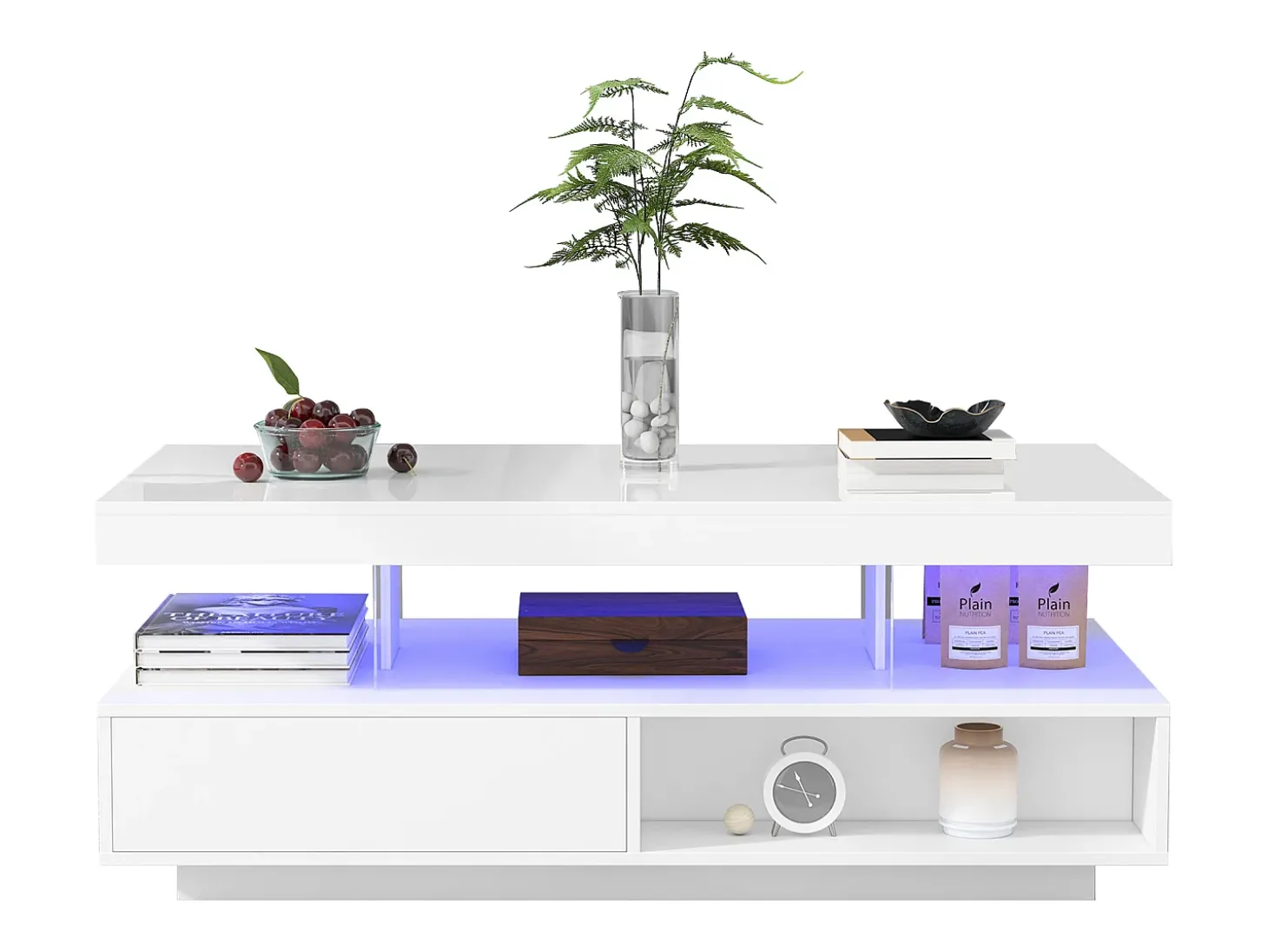 Mesa de centro com LED - gaveta e compartimentos abertos - Branco