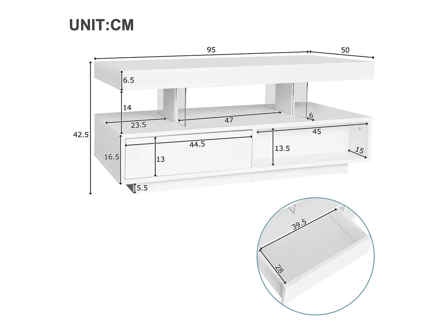 Mesa de centro com LED - gaveta e compartimentos abertos - Branco
