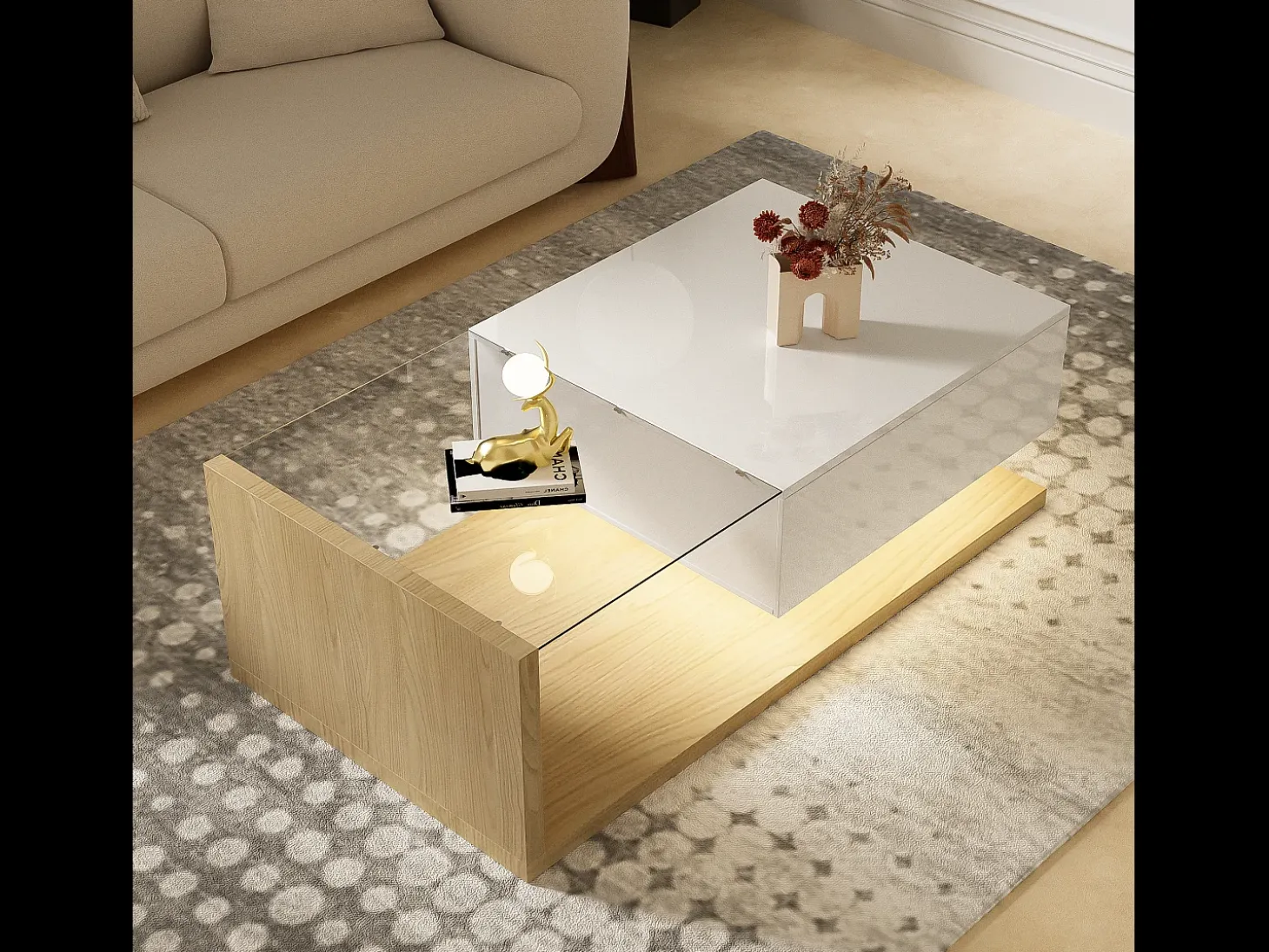 Mesa de centro com LED - vidro e aglomerado - Natural