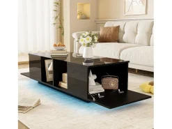 Mesa de centro com LED multicolorido - 2 portas basculantes e prateleira em vidro - Preto