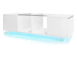 Mesa de centro com LED multicolorido - 2 portas basculantes e prateleira em vidro - Branco