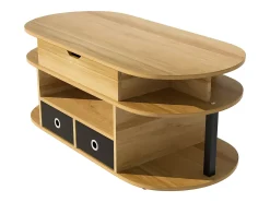 Mesa de centro com tampo elevatório e 2 gavetas revestidas a tecido preto - Acabamento em imitação de madeira - Cor natural clara