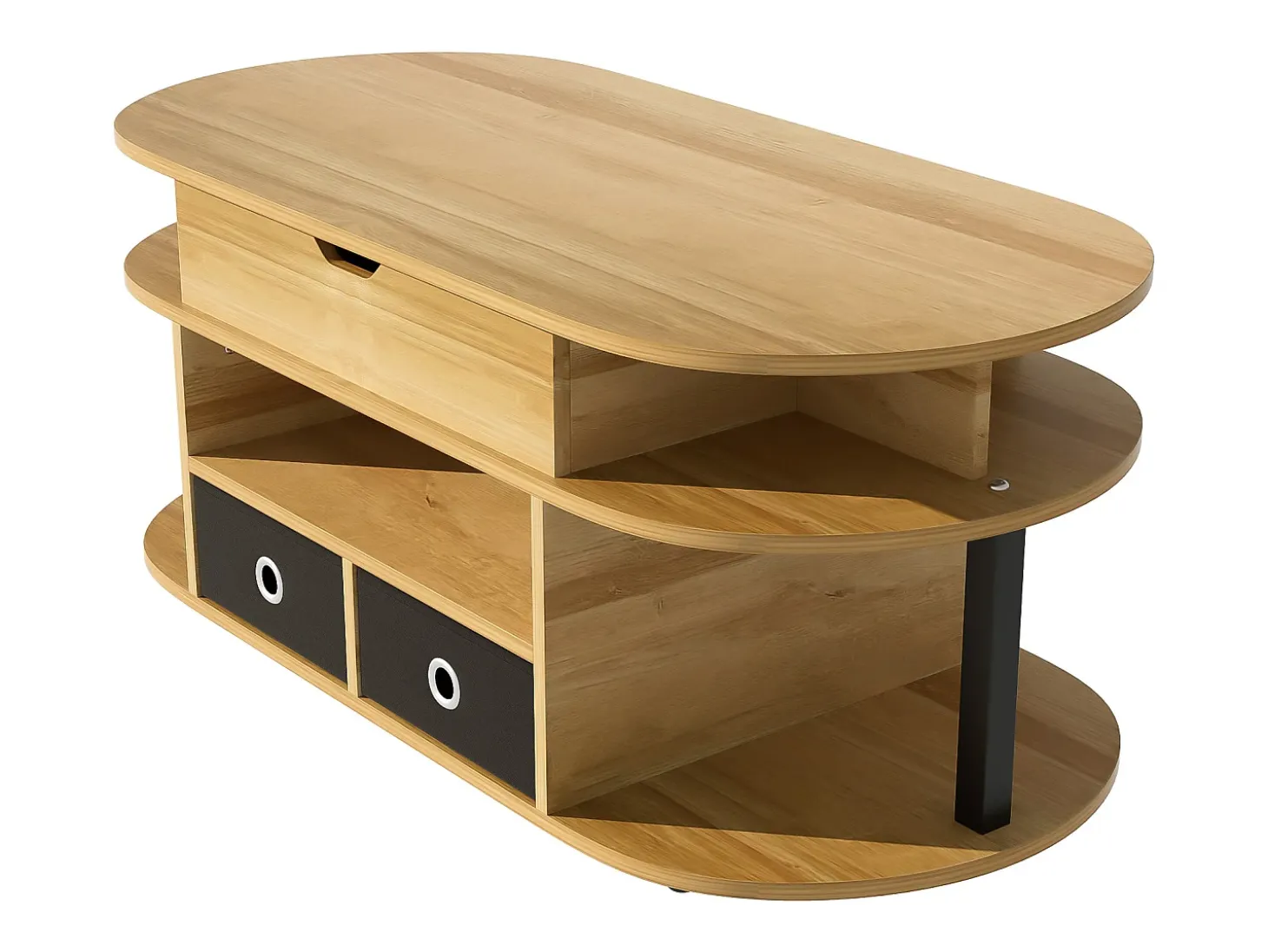 Mesa de centro com tampo elevatório e 2 gavetas revestidas a tecido preto - Acabamento em imitação de madeira - Cor natural clara