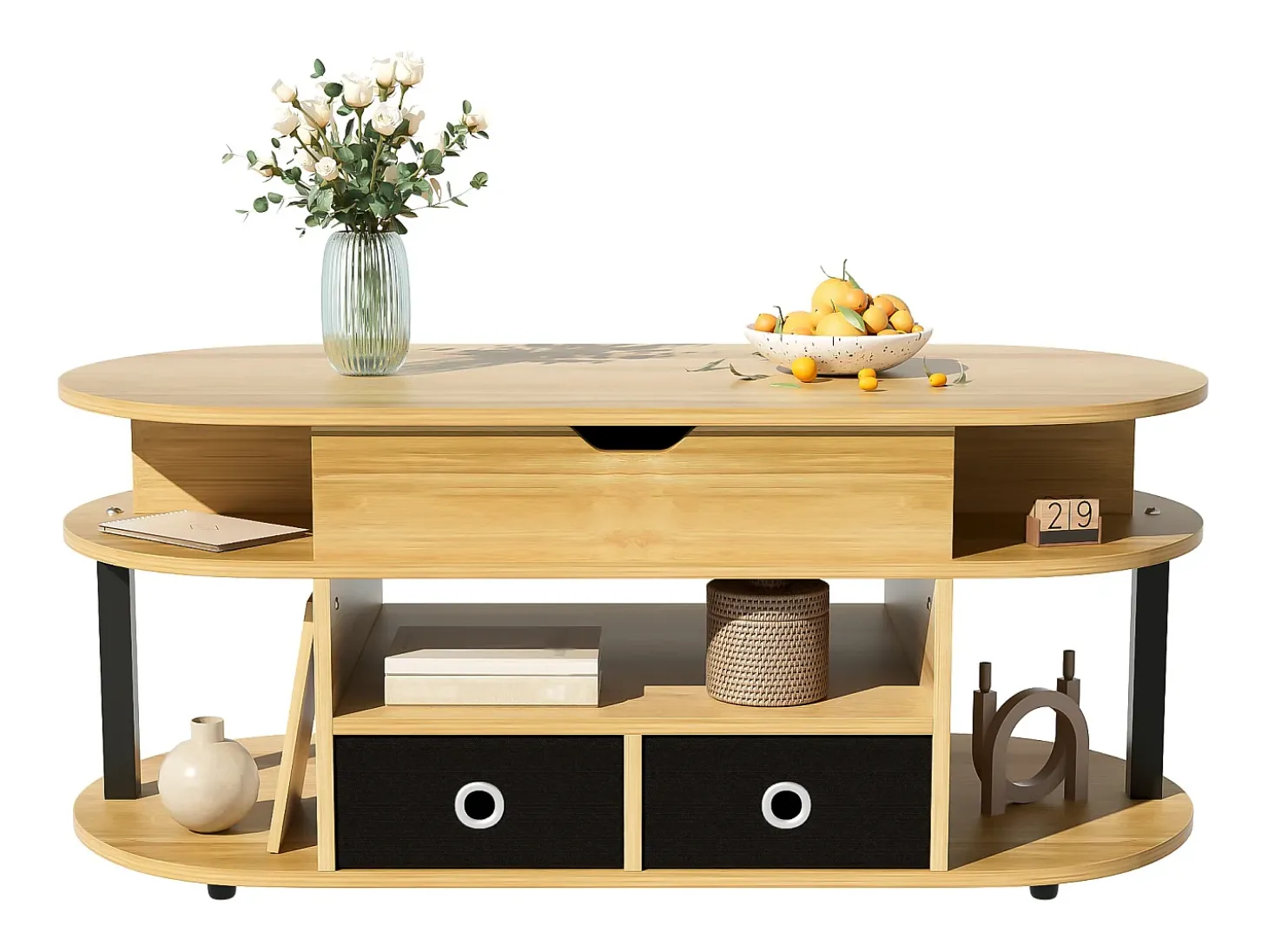 Mesa de centro com tampo elevatório e 2 gavetas revestidas a tecido preto - Acabamento em imitação de madeira - Cor natural clara