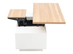 Mesa de centro com tampo elevatório e 2 portas - 2 prateleiras ajustáveis - Branco + natural
