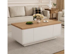Mesa de centro com tampo elevatório e 2 portas - 2 prateleiras ajustáveis ​​- Branco + natural
