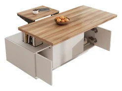 Mesa de centro com tampo elevatório e 2 portas - 2 prateleiras ajustáveis ​​- Branco + natural