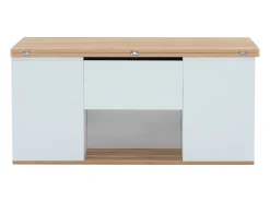 Mesa de centro com tampo elevatório e 2 gavetas - O tampo desdobra-se em 2 mesas - Branco e madeira