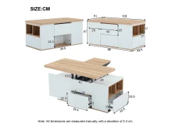 Mesa de centro com tampo elevatório e 2 gavetas - O tampo desdobra-se em 2 mesas - Branco e madeira
