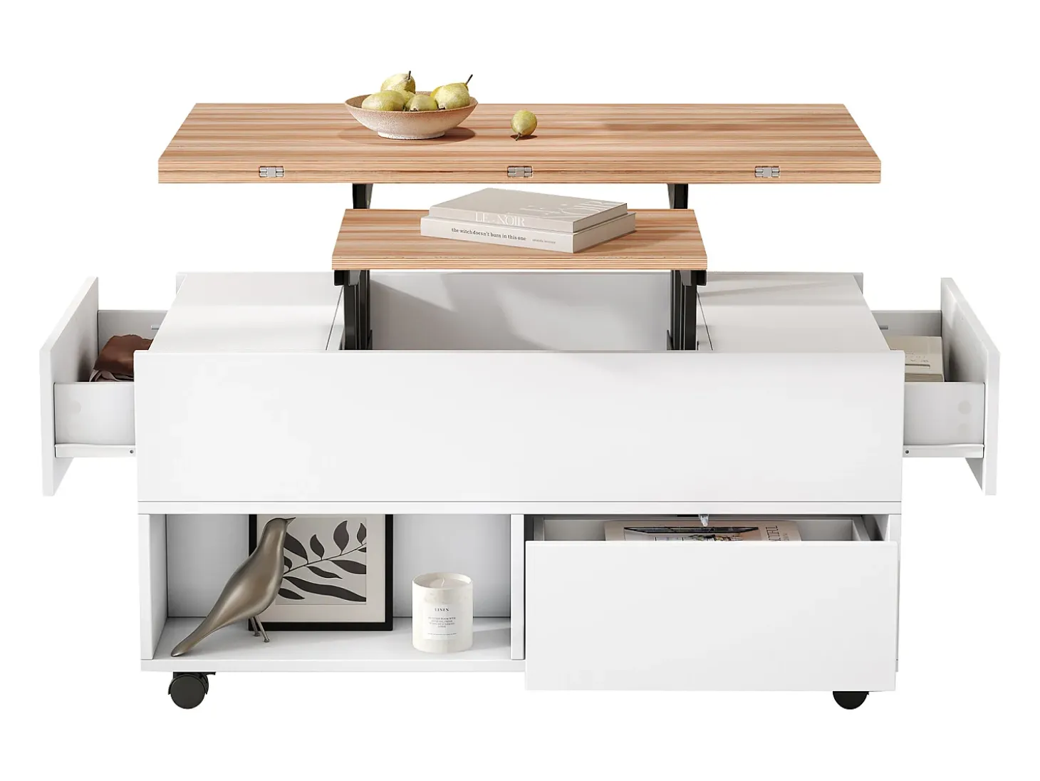 Mesa de centro com tampo elevatório, 4 gavetas e 4 rodízios - Branco + natural