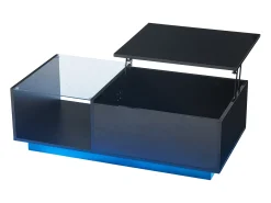 Mesa de centro com tampo elevatório e LED, armazenamento integrado, em laca preta brilhante