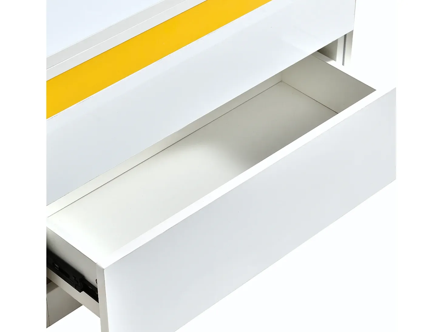 Mesa de centro com tampo elevável, 2 gavetas e 4 bancos com espaço de arrumação - Acabamento brilhante - Branco e amarelo