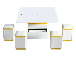 Mesa de centro com tampo elevável, 2 gavetas e 4 bancos com espaço de arrumação - Acabamento brilhante - Branco e amarelo