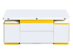 Mesa de centro com tampo elevável, 2 gavetas e 4 bancos com espaço de arrumação - Acabamento brilhante - Branco e amarelo