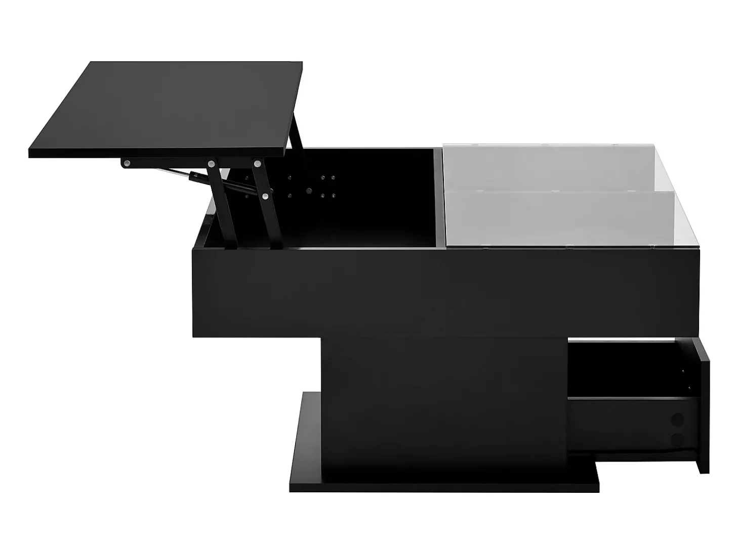 Mesa de centro com tampo elevatório, iluminação LED e gaveta - Acabamento brilhante - Preto