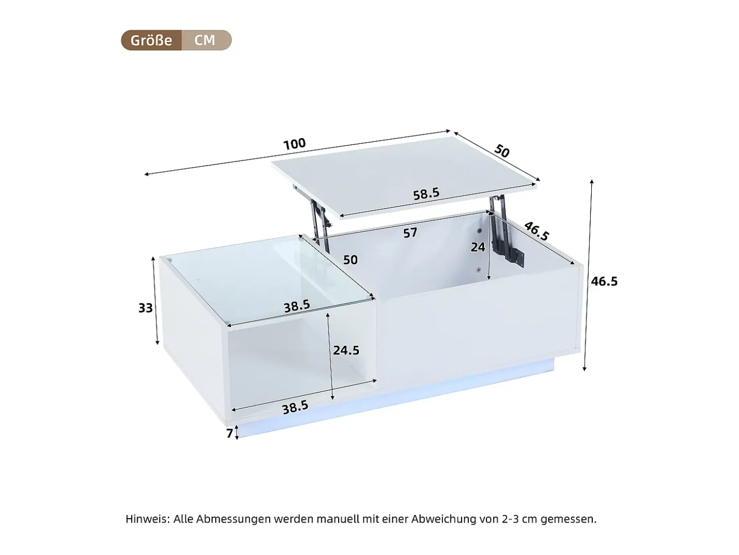 Mesa de centro com tampo elevatório e LED, arrumação integrada, em lacado branco brilhante