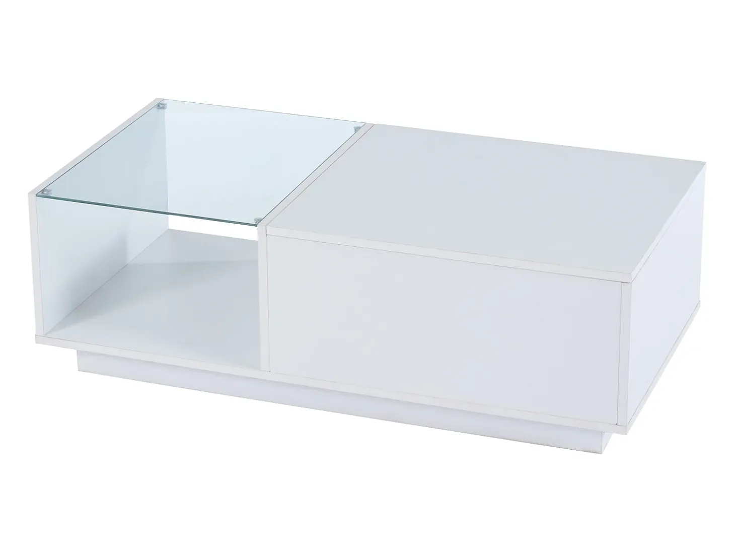 Mesa de centro com tampo elevatório e LED, arrumação integrada, em lacado branco brilhante