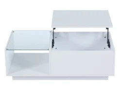 Mesa de centro com tampo elevatório e LED, arrumação integrada, em lacado branco brilhante