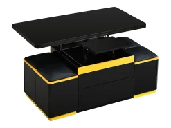 Mesa de centro com tampo elevável, 2 gavetas e 4 bancos com espaço para arrumação - Acabamento brilhante - Preto e amarelo