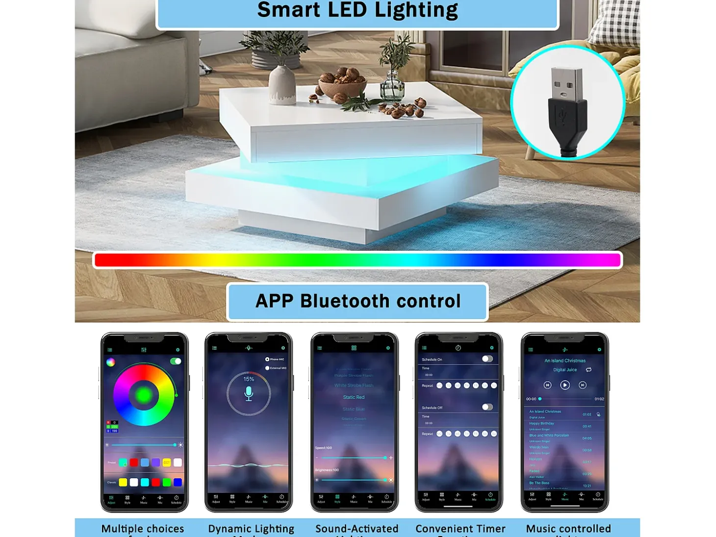 Mesa de centro contemporânea com LED em 16 cores - formato quadrado - Branco