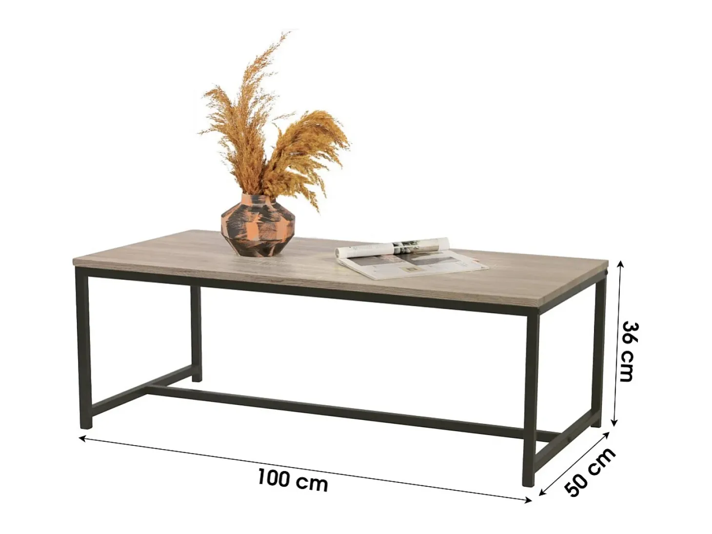 Mesa de centro cor carvalho claro estilo clássico com pé de metal preto dimensões 100x50x36cm