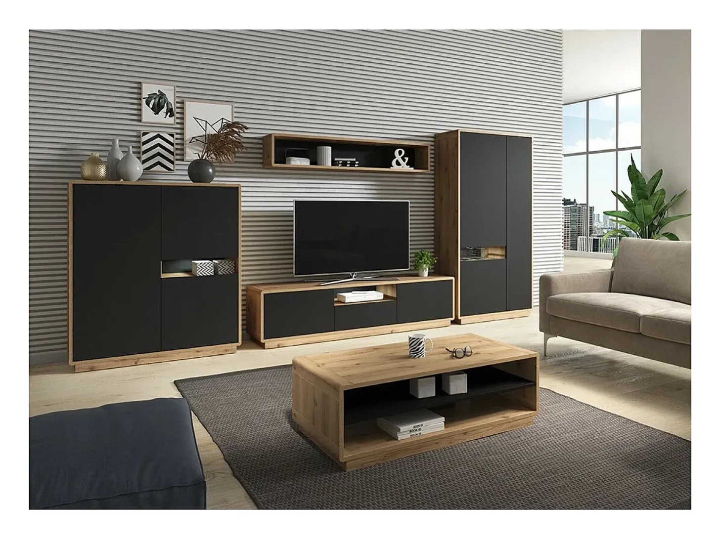 Mesa de centro cor carvalho e preto da coleção VILLA com nichos para armazenamento.