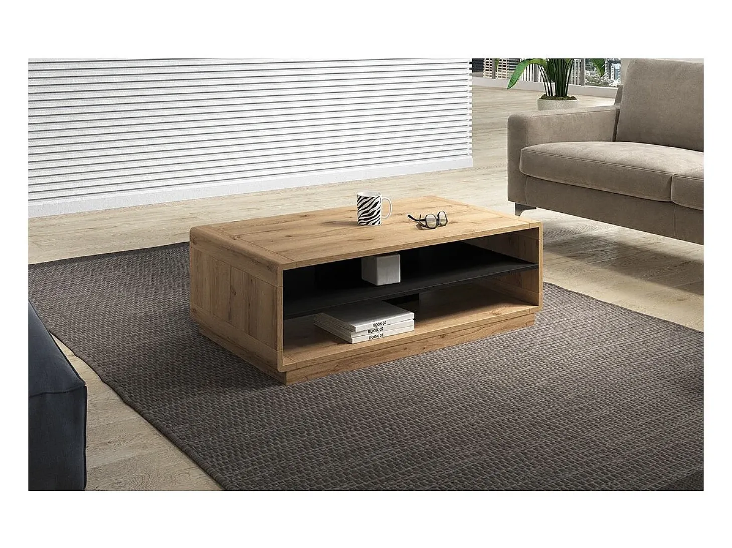 Mesa de centro cor carvalho e preto da coleção VILLA com nichos para armazenamento.