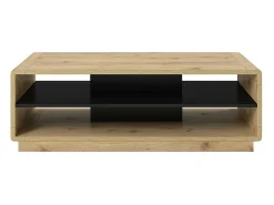 Mesa de centro cor carvalho e preto da coleção VILLA com nichos para armazenamento.